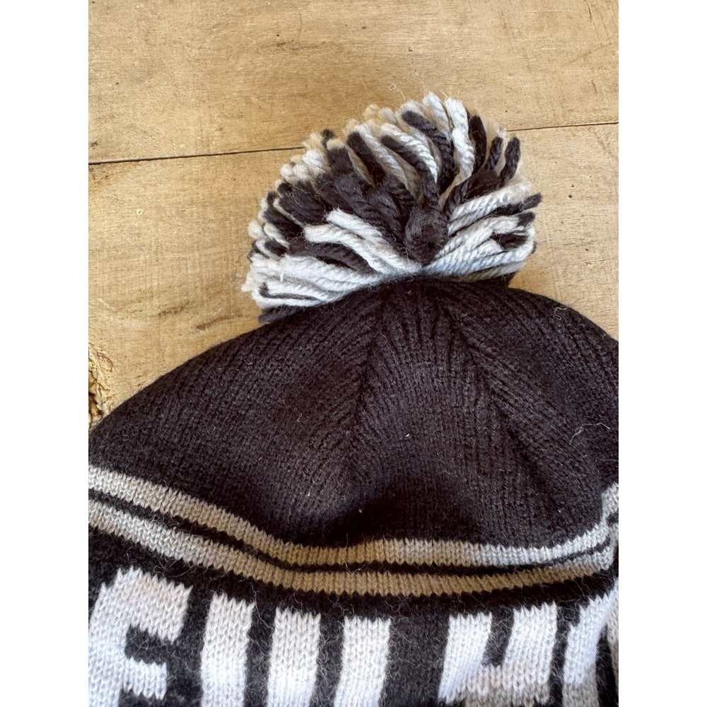 New York Pom Beanie Cap Mens Black Grey Knot Cuffed Seventy Seven Hat - Picture 3 of 7